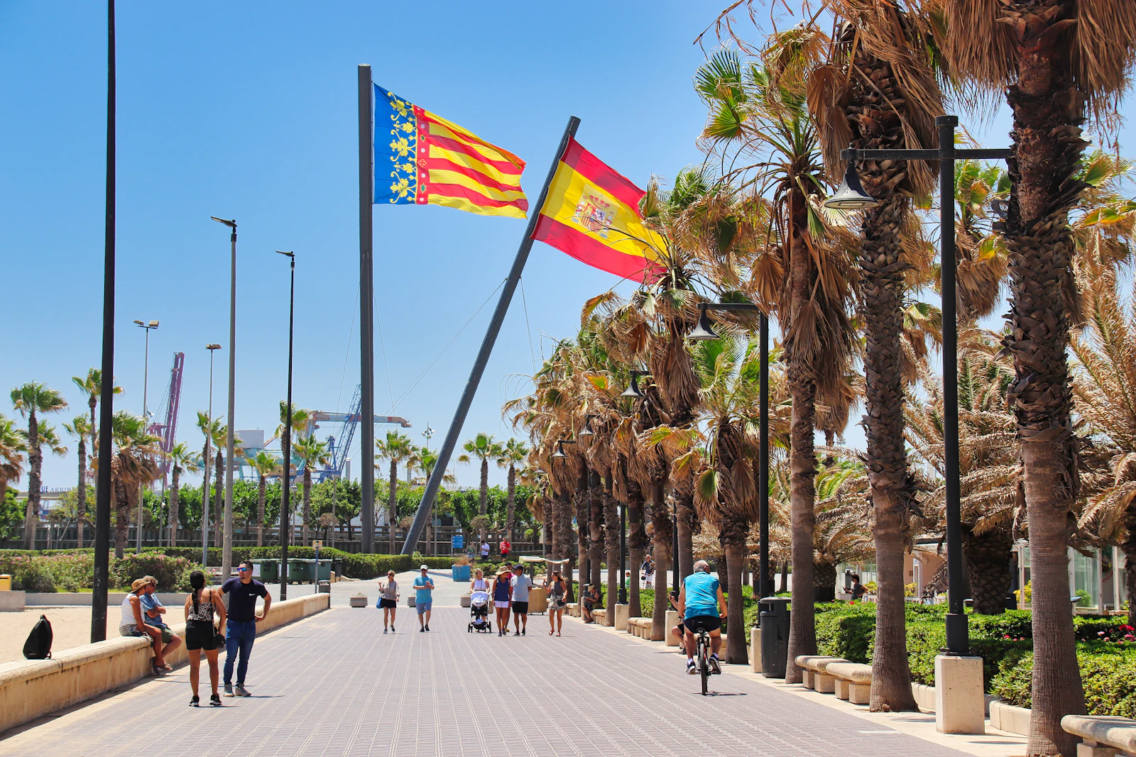 El ancho paseo marítimo del Cabanyal con palmeras y el mar al fondo