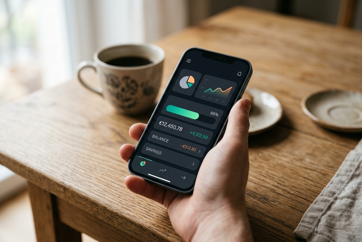 Aplicación móvil de tecnología financiera mostrando el progreso de un desarrollo de inversión colectiva en la pantalla de un smartphone