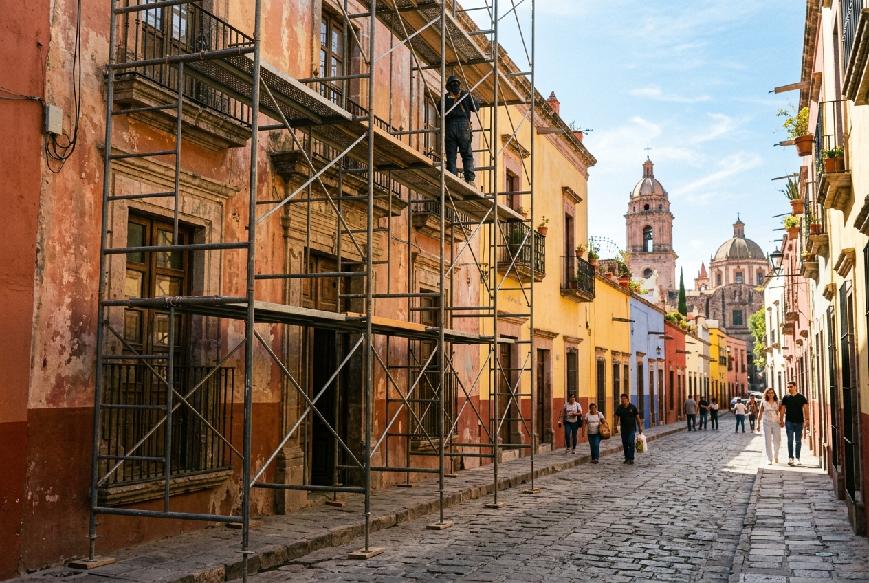 Vista de una calle colonial en Puebla con andamios de construcción y obreros