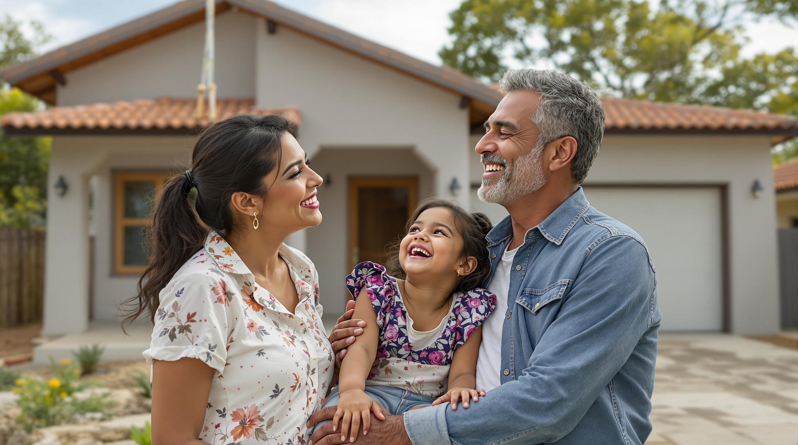 Una imagen de una familia mexicana sonriente frente a una casa nueva, simbolizando la oportunidad de acceder a vivienda propia gracias a las hipotecas sin interés