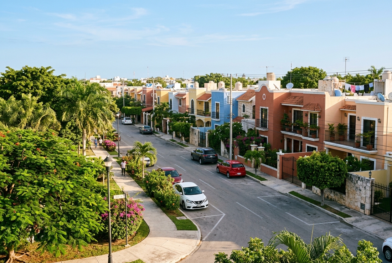 Vista de una zona residencial en México con calles amplias y jardines